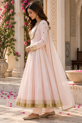 Baby pink cotton gota patti handwork anarkali suit set 2