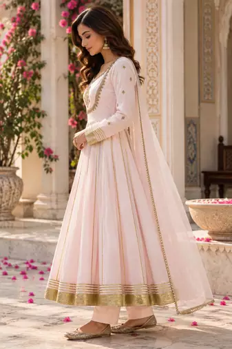 Baby pink cotton gota patti handwork anarkali suit set