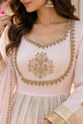Baby pink cotton gota patti handwork anarkali suit set 4