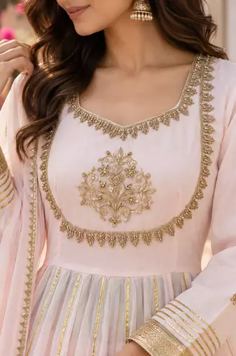 Baby pink cotton gota patti handwork anarkali suit set