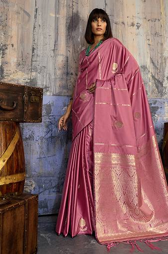 Baby pink satin handloom weaving festive wear saree