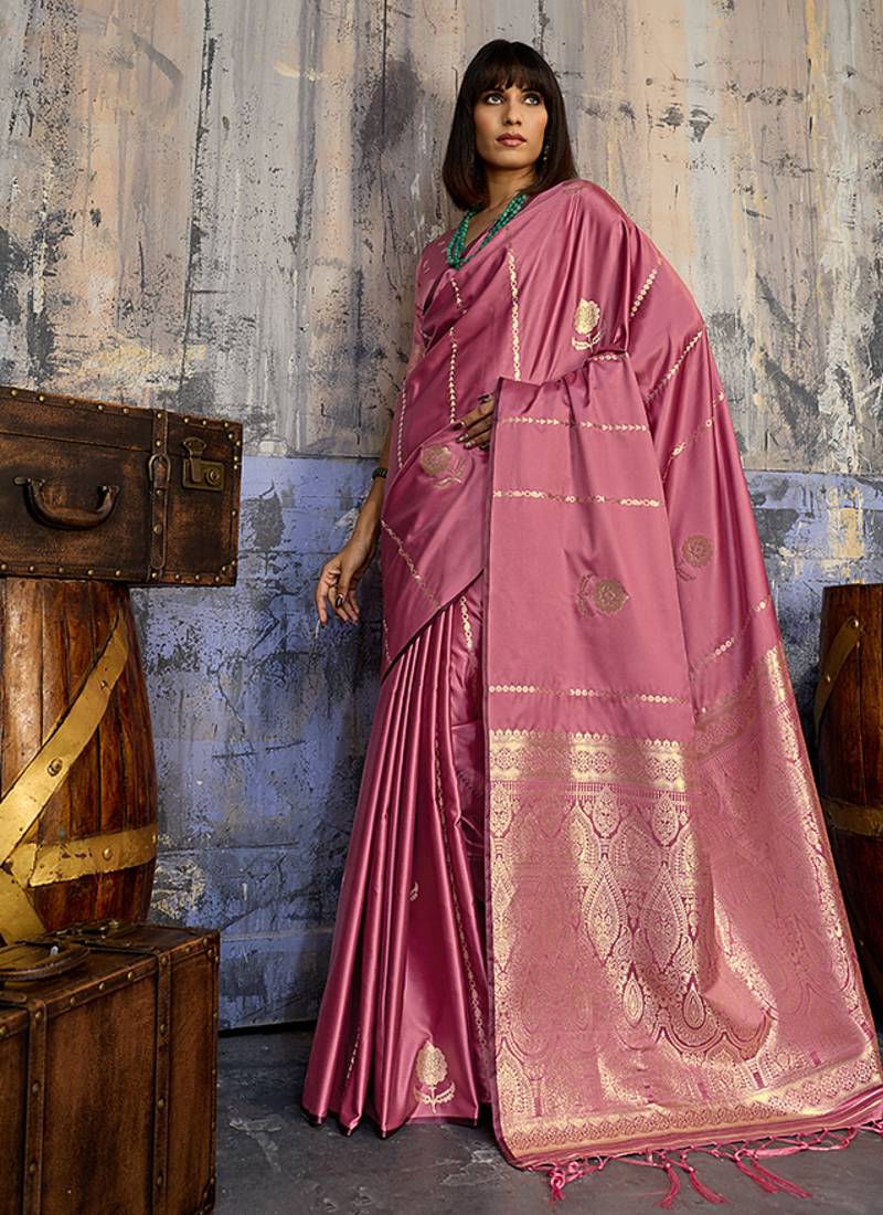 Baby pink satin handloom weaving festive wear saree