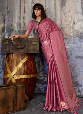 Baby pink satin handloom weaving festive wear saree 2