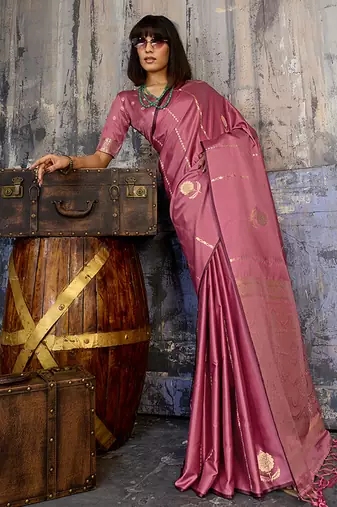 Baby pink satin handloom weaving festive wear saree