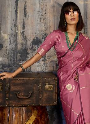 Baby pink satin handloom weaving festive wear saree 3