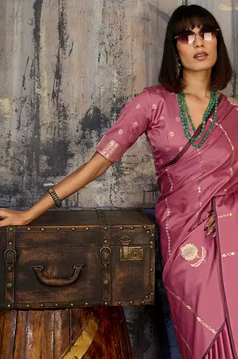 Baby pink satin handloom weaving festive wear saree