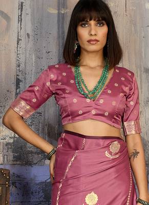 Baby pink satin handloom weaving festive wear saree 4