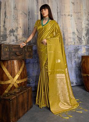Mustard satin handloom weaving festive wear saree 1
