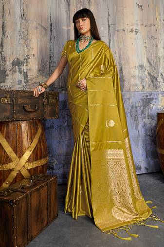Mustard satin handloom weaving festive wear saree