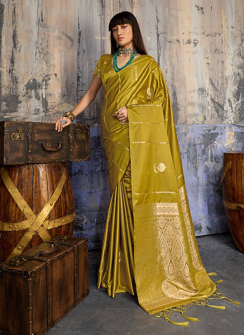 Mustard satin handloom weaving festive wear saree