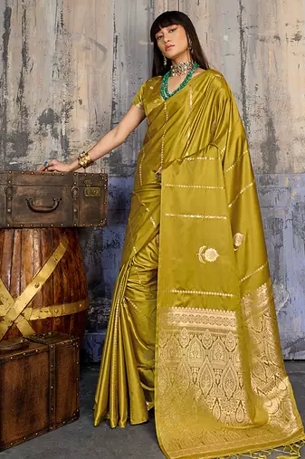 Mustard satin handloom weaving festive wear saree