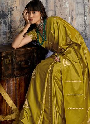 Mustard satin handloom weaving festive wear saree 3