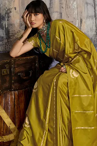 Mustard satin handloom weaving festive wear saree