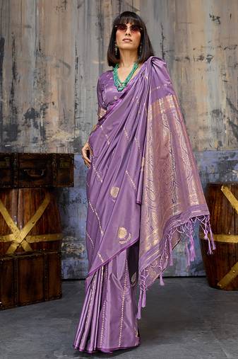 Lavender satin handloom weaving festive wear saree