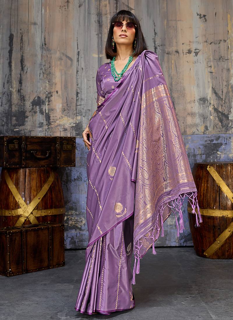 Lavender satin handloom weaving festive wear saree