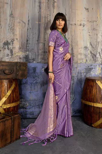 Lavender satin handloom weaving festive wear saree