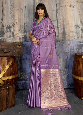 Lavender satin handloom weaving festive wear saree 3
