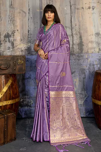 Lavender satin handloom weaving festive wear saree