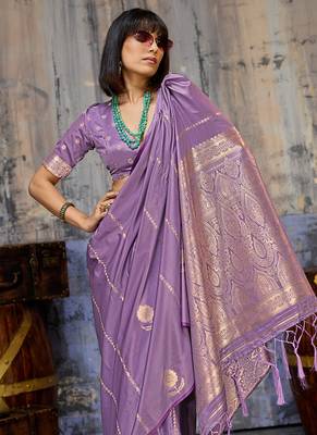 Lavender satin handloom weaving festive wear saree 4
