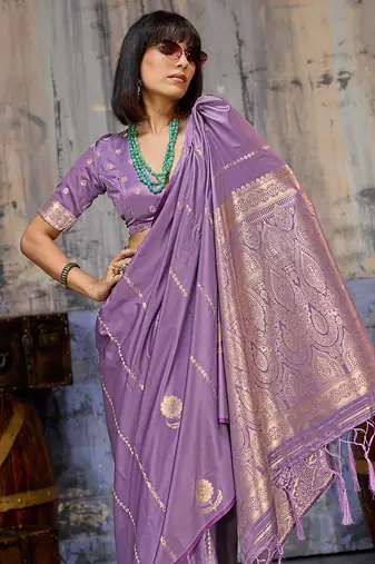 Lavender satin handloom weaving festive wear saree