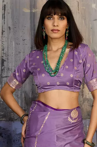 Lavender satin handloom weaving festive wear saree