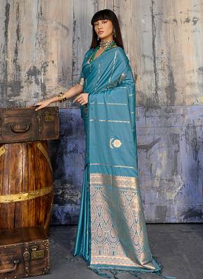 Sky blue satin handloom weaving festive wear saree 1
