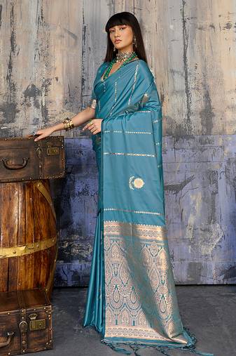 Sky blue satin handloom weaving festive wear saree