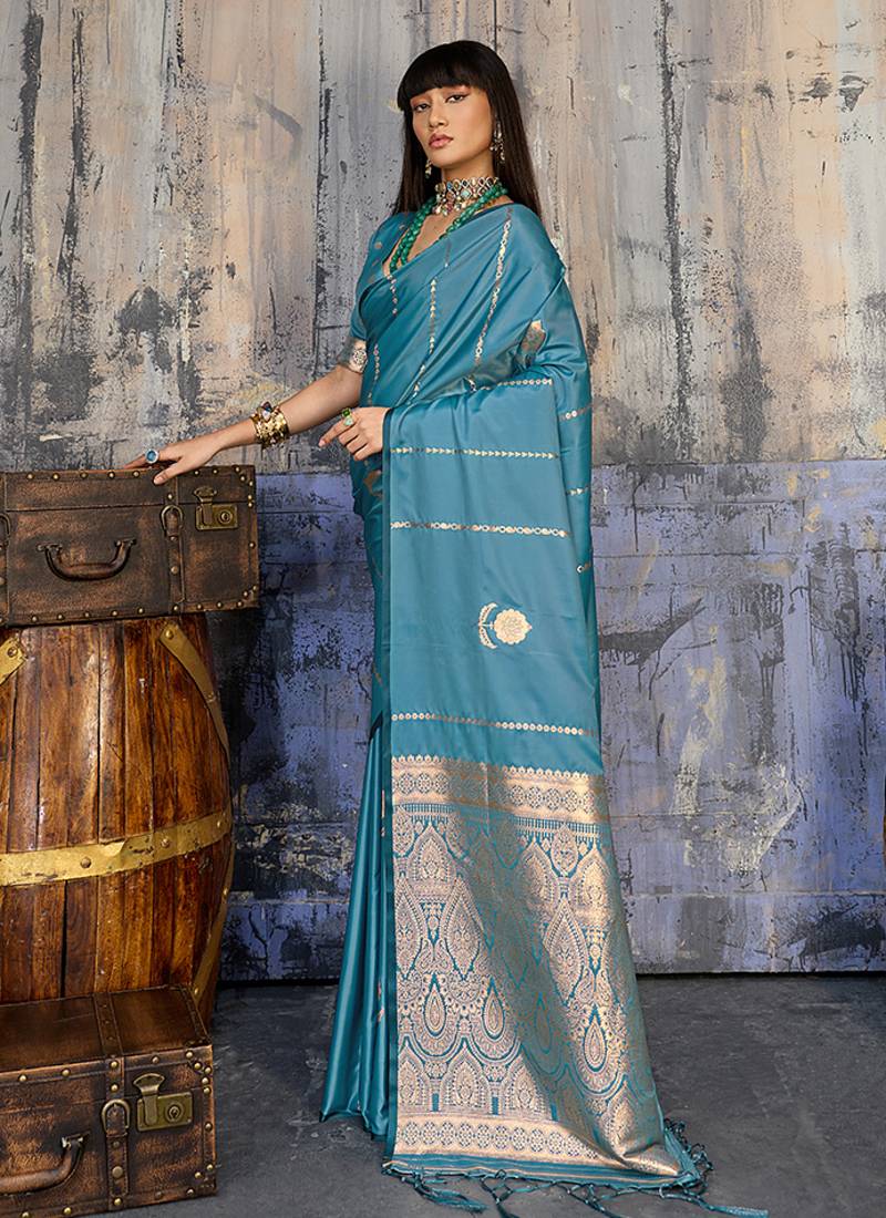 Sky blue satin handloom weaving festive wear saree