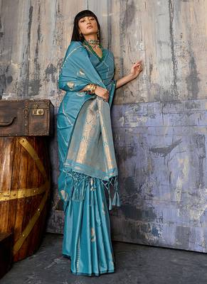 Sky blue satin handloom weaving festive wear saree 2