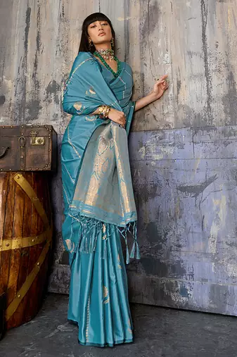 Sky blue satin handloom weaving festive wear saree