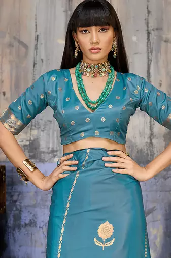 Sky blue satin handloom weaving festive wear saree