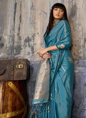 Sky blue satin handloom weaving festive wear saree 4