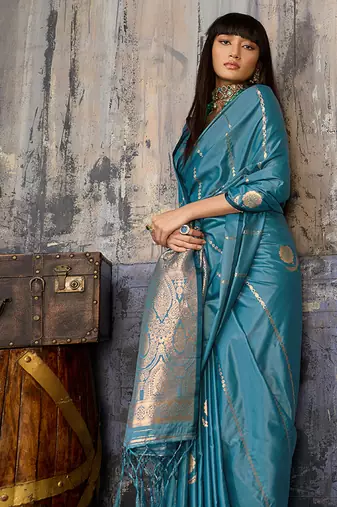 Sky blue satin handloom weaving festive wear saree