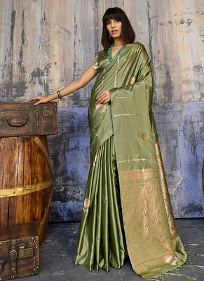 Olive satin handloom weaving festive wear saree 1