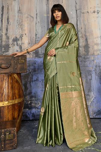 Olive satin handloom weaving festive wear saree