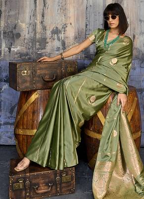 Olive satin handloom weaving festive wear saree 3