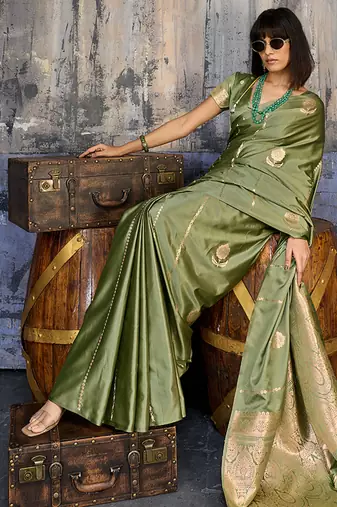 Olive satin handloom weaving festive wear saree