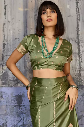 Olive satin handloom weaving festive wear saree