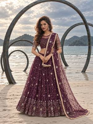 WINE  NET THREAD WITH ZARI AND SEQUINCE WORK FESTIVE LEHENGA CHOLI SET FOR WOMEN'S 1