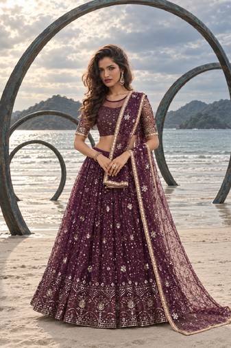 WINE  NET THREAD WITH ZARI AND SEQUINCE WORK FESTIVE LEHENGA CHOLI SET FOR WOMEN'S