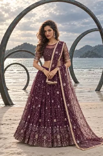 WINE  NET THREAD WITH ZARI AND SEQUINCE WORK FESTIVE LEHENGA CHOLI SET FOR WOMEN'S