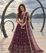 WINE  NET THREAD WITH ZARI AND SEQUINCE WORK FESTIVE LEHENGA CHOLI SET FOR WOMEN'S