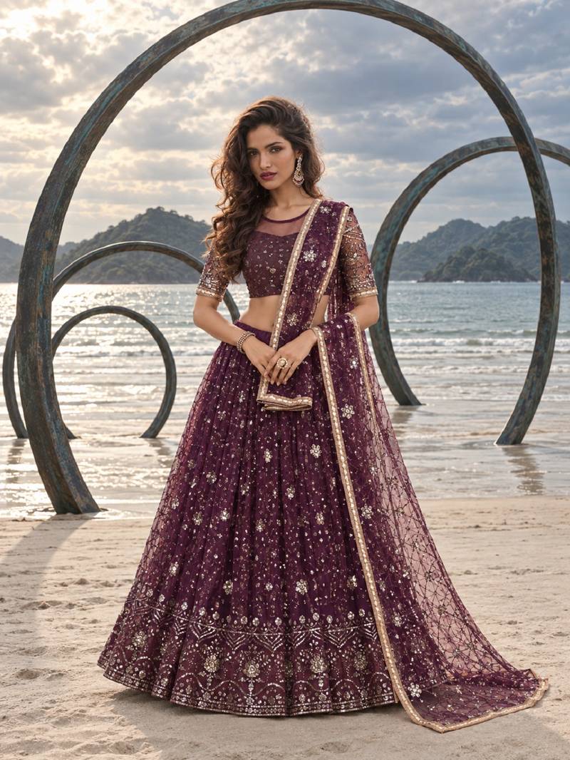 WINE  NET THREAD WITH ZARI AND SEQUINCE WORK FESTIVE LEHENGA CHOLI SET FOR WOMEN'S