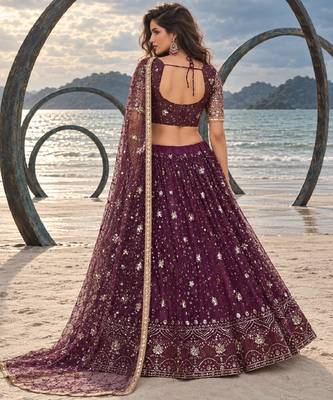 WINE  NET THREAD WITH ZARI AND SEQUINCE WORK FESTIVE LEHENGA CHOLI SET FOR WOMEN'S 2