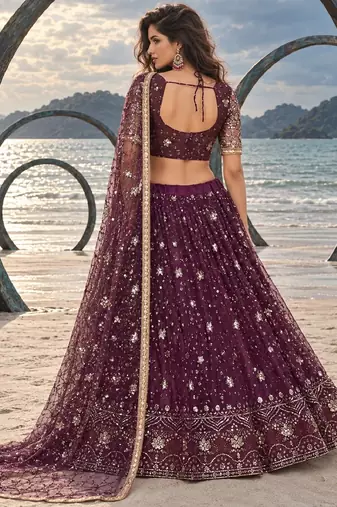 WINE  NET THREAD WITH ZARI AND SEQUINCE WORK FESTIVE LEHENGA CHOLI SET FOR WOMEN'S