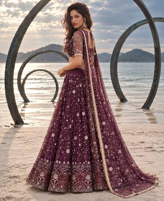 WINE  NET THREAD WITH ZARI AND SEQUINCE WORK FESTIVE LEHENGA CHOLI SET FOR WOMEN'S 3