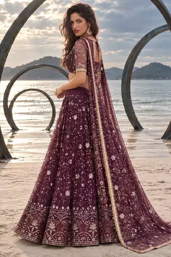 WINE  NET THREAD WITH ZARI AND SEQUINCE WORK FESTIVE LEHENGA CHOLI SET FOR WOMEN'S