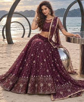 WINE  NET THREAD WITH ZARI AND SEQUINCE WORK FESTIVE LEHENGA CHOLI SET FOR WOMEN'S 4