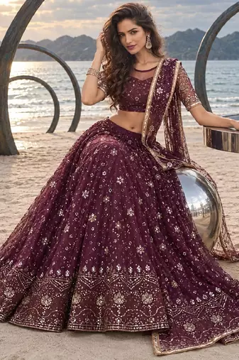 WINE  NET THREAD WITH ZARI AND SEQUINCE WORK FESTIVE LEHENGA CHOLI SET FOR WOMEN'S