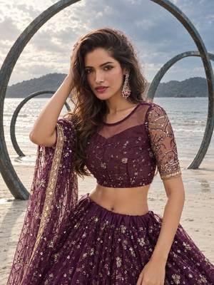 WINE  NET THREAD WITH ZARI AND SEQUINCE WORK FESTIVE LEHENGA CHOLI SET FOR WOMEN'S 5